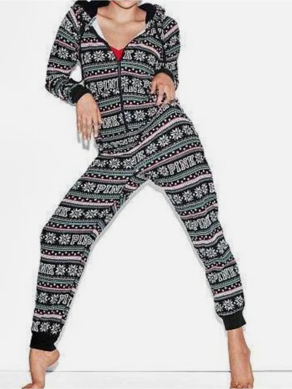 VS. PINK holiday fair isle onsie with Sherpa hood X-small EUC